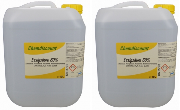 20Liter (2x10Liter, ca. 21,3kg) Essigsäure 60% (kein Versand ins Ausland möglich!), techn. Qualität
